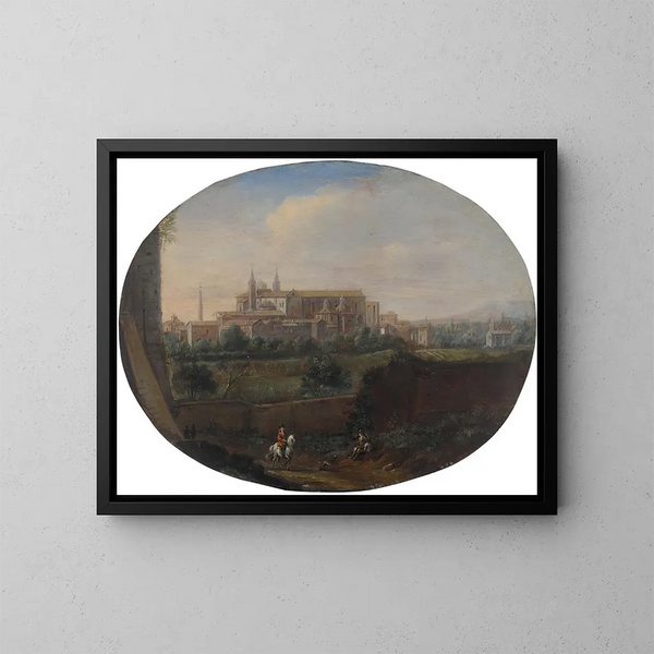 Ansicht von Rom aus einem Garten, blickend nach Süden in Richtung San Giovanni in Laterano, Blick von hinten - Hendrick Frans van Lint — gerahmtes Bild an der Wand
