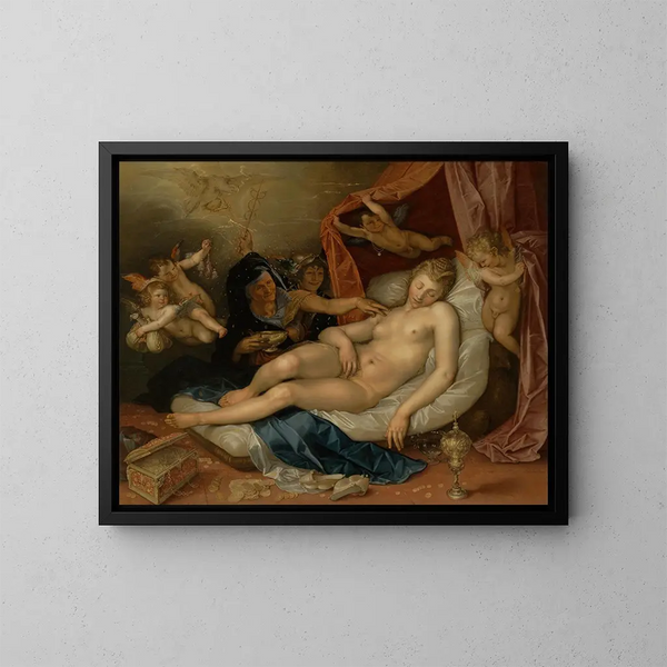 La Danaé endormie prête à recevoir Jupiter - Hendrick Goltzius — gerahmtes Bild an der Wand