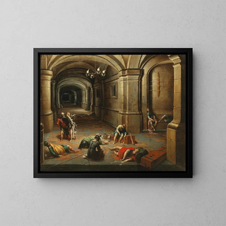 Innenhof mit der Befreiung des heiligen Petrus - Hendrick van Steenwijck der Jüngere — gerahmtes Bild an der Wand