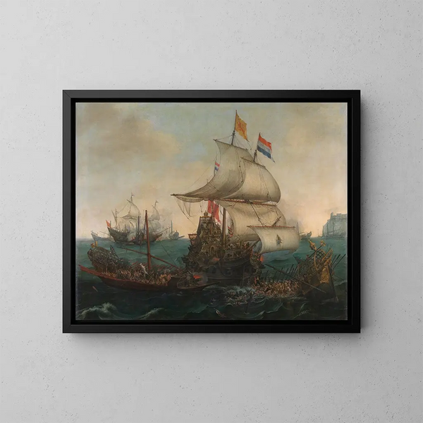 Niederländische Schiffe, die spanische Galeeren vor der englischen Küste am 3. Oktober 1602 rammen - Hendrik Cornelisz Vroom — gerahmtes Bild an der Wand