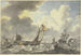 Stürmisches Meer, viele Schiffe fahren aus, rechts ein Fischkutter zieht ein Netz - Hendrik Kobell — Ansicht des Kunstwerks