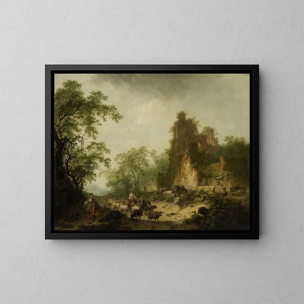 Landschaftsgemälde mit einer Herde Schafe vor einer verfallenen Bauernhütte - Hendrik Meyer — gerahmtes Bild an der Wand