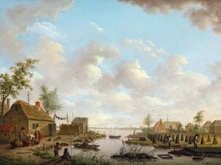 Landschaftsgemälde mit Fischern und Landwirten beim Torfabbau in einem Sumpf - Hendrik Willem Schweickhardt — Ansicht des Kunstwerks