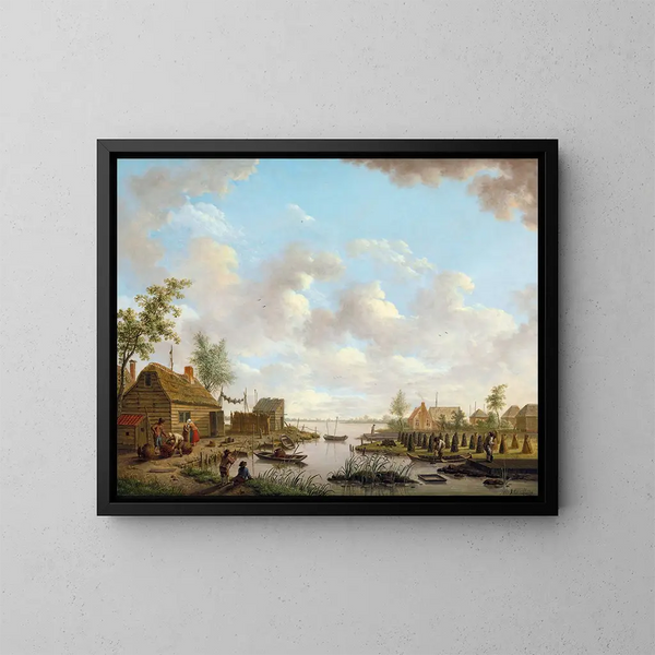 Landschaftsgemälde mit Fischern und Landwirten beim Torfabbau in einem Sumpf - Hendrik Willem Schweickhardt — gerahmtes Bild an der Wand