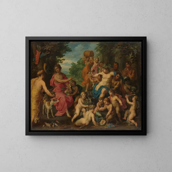 Diane, die Wein und Früchte Bacchus und seiner Begleitung anbietet - Hendrik van Balen — gerahmtes Bild an der Wand