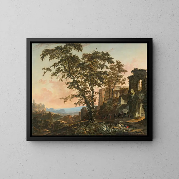 Rheinlandschaft mit Bauern und Tieren, die sich im Schatten römischer Ruinen ausruhen - Hendrik van Minderhout — gerahmtes Bild an der Wand