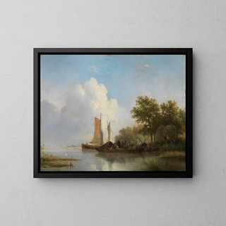 Hendrikus van de Sande Bakhuyzen - Schiffe und Khne an waldigem Flussufer.webp