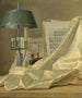 eines Stilllebens mit einer Glühbirnenlampe, einer Partitur, einer Violine oder einer Cistre und einem weißen Satinstoff auf einem Steinsockel - Henri-Horace Roland Delaporte — Ansicht des Kunstwerks