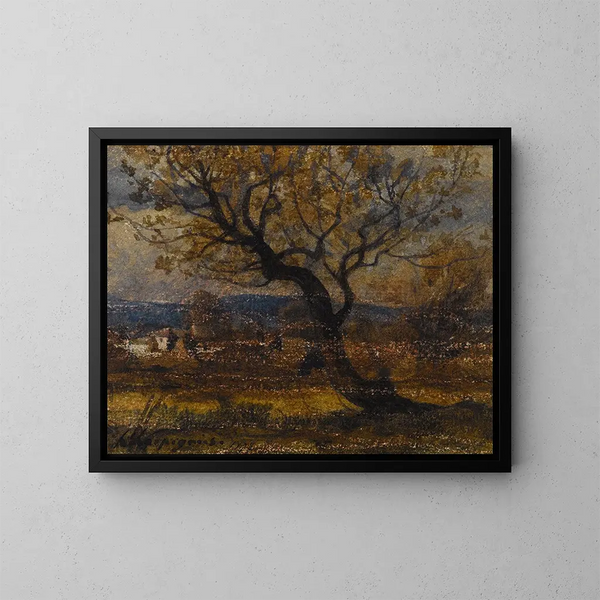 Studie eines Strauchs im Hintergrund einiger Hütten - Henri-Joseph Harpignies — gerahmtes Bild an der Wand