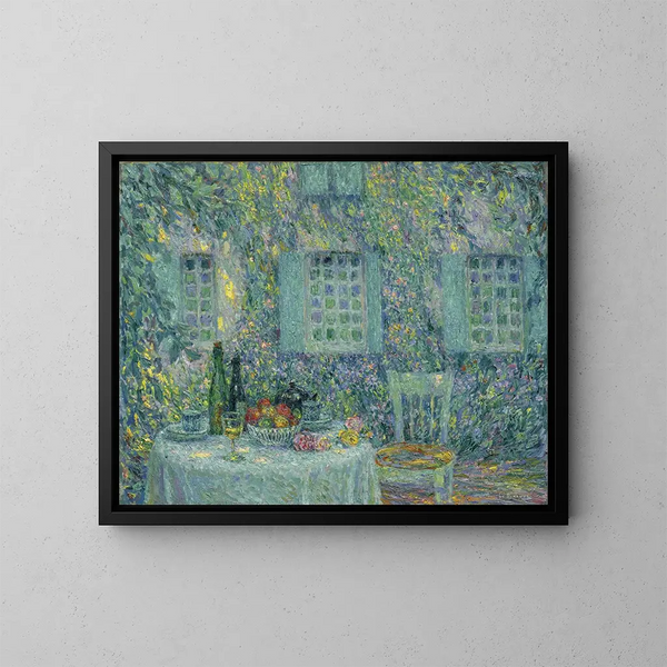 La Table au soleil dans les feuilles de Gerberoy - Henri Le Sidaner — gerahmtes Bild an der Wand