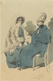 Cuirassier mit Helm und blauer Mantel sitzend neben einer alten Dame in Reiselook - Henry Bonaventure Monnier — Ansicht des Kunstwerks