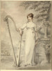 Portrait-Gemälde im Sitzen von Mlle V Dupuis, die an einer Harfe lehnt, im Hintergrund ein Brunnen und eine Landschaft mit Hirschen - Henry Edridge — Ansicht des Kunstwerks