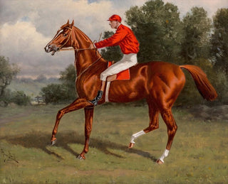 Henry Stull - Chestnut racehorse possibly Chaos winner of the Second Futurity Stakes with jockey up.webp