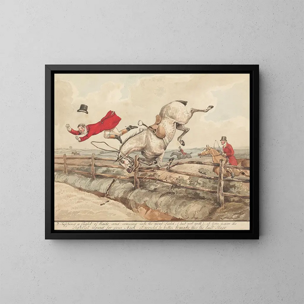 Pferde qualifiziert und Reiter nicht qualifiziert, die eine Reihe von Stangen überspringen - Henry Thomas Alken — gerahmtes Bild an der Wand