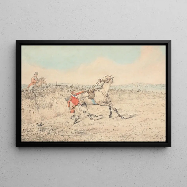 Cavalier, der sich nach einem Sturz an einem grauen Pferd festhält - Henry Thomas Alken — gerahmtes Bild an der Wand