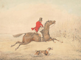 Henry Thomas Alken - Rider on a Brown Horse About to Jump a Rail Fence to the Right.webp