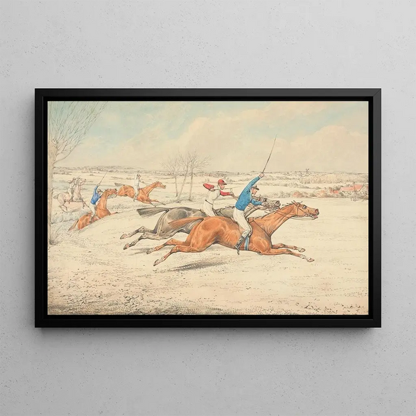 Hürdenrennen, Fünf galoppierende Pferde nach rechts - Henry Thomas Alken — gerahmtes Bild an der Wand