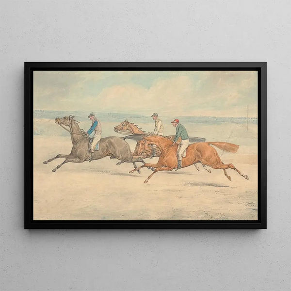 Henry Thomas Alken - Three Racehorses with Jockeys Up Galloping in a Group to Left.webp