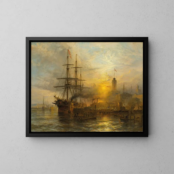 Ein dänischer Dampfwagen, der an einem belebten Kai festgemacht ist - Henry Thomas Dawson — gerahmtes Bild an der Wand