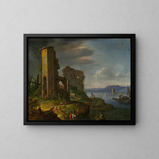 Herman Saftleven - River Landscape With Ruins Boats And Figures.webp