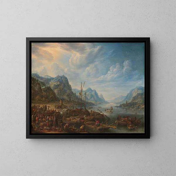 Flussansicht mit Anlegestelle - Herman Saftleven — gerahmtes Bild an der Wand