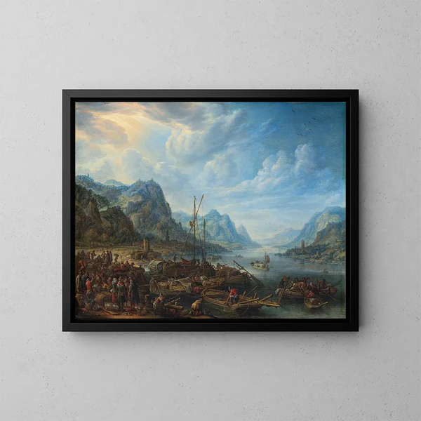 Ansicht eines Flusses mit Bootsanlegestellen - Herman Saftleven — gerahmtes Bild an der Wand