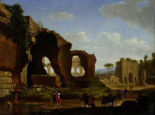 Herman van Swanevelt - A Roman View of the Ruins of the Temple of Venus and Rome with the Colosseum and the Arch of Constan.webp