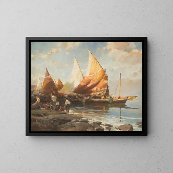 Italienische Fischer auf dem Strand - Hermann Schmidtmann — gerahmtes Bild an der Wand