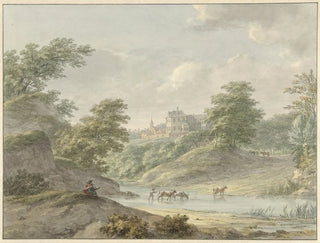Hermanus Numan - Landschap met zittende tekenaar en kasteel aan water.webp