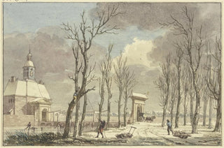 Hermanus Numan - Stadttor mit Trmchen im Winter eine lange Brcke fhrt ber den Kanal nach einer Allee.webp
