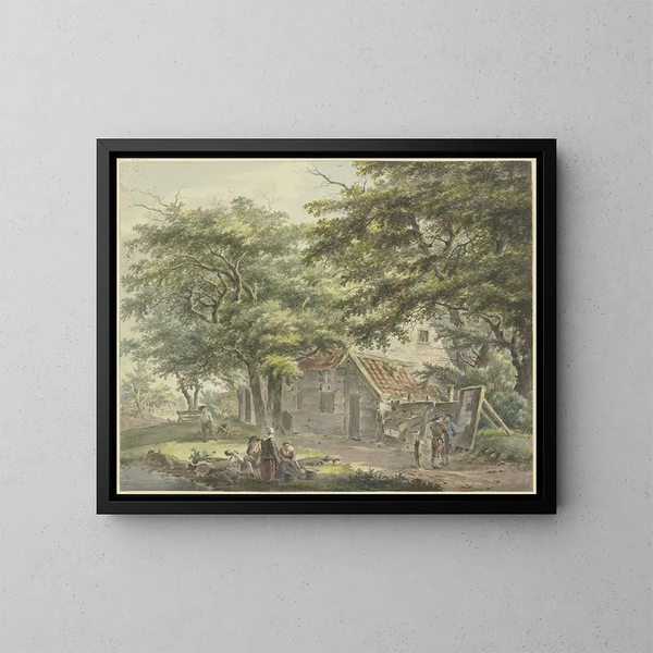 "Ferme sous des arbres", links ein Mann mit einer Schubkarre - Hermanus van Brussel — gerahmtes Bild an der Wand