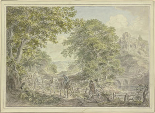 Hermanus van Brussel - Waldige Landschaft links ein Leiterwagen mit zwei Pferden.webp