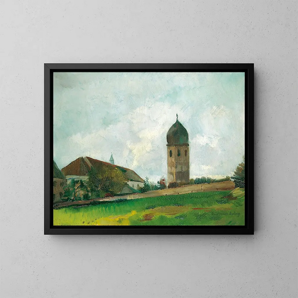 Gebäude des Klosters mit Glockenturm, Fraueninsel - Hiasl Maier-Erding — gerahmtes Bild an der Wand