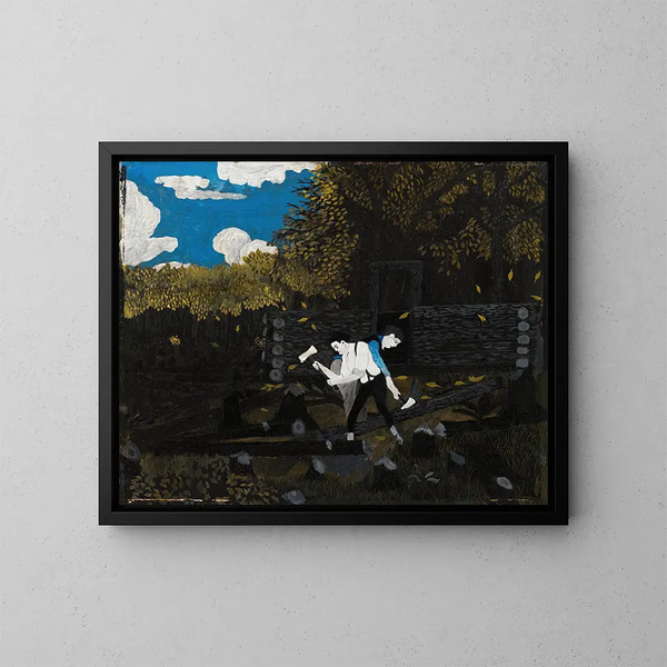 Abraham Lincoln und sein Vater bauen ihre Hütte auf Pigeon Creek - Horace Pippin — gerahmtes Bild an der Wand