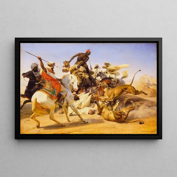Die Löwenjagd - Horace Vernet — gerahmtes Bild an der Wand