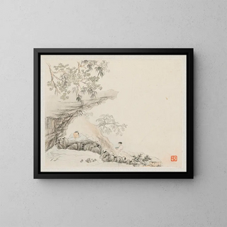 Hua Yan - A Man Lies under a Rocky Overhang a Boy Stands to his Right.webp