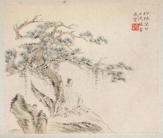 Hua Yan - An Old Man Sits under a Pine Tree a Boy is behind a Stone.webp