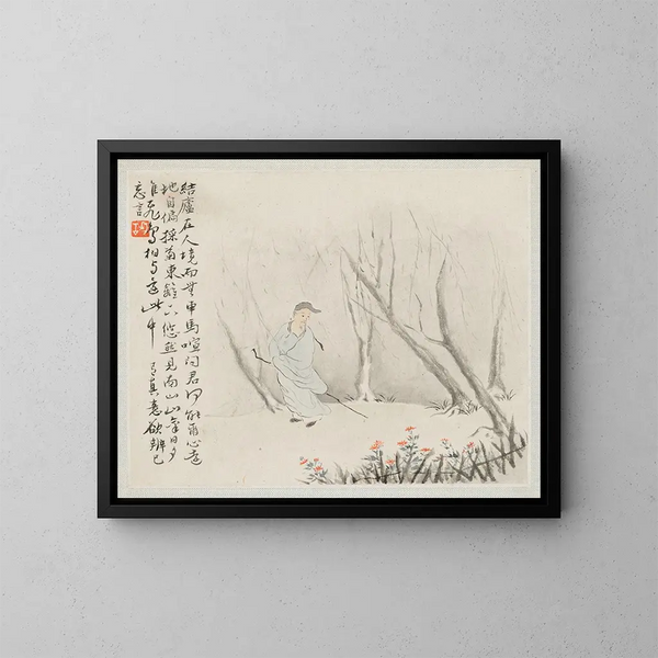 Ein alter Mann mit einem Stock geht auf einem bewaldeten Weg - Hua Yan — gerahmtes Bild an der Wand