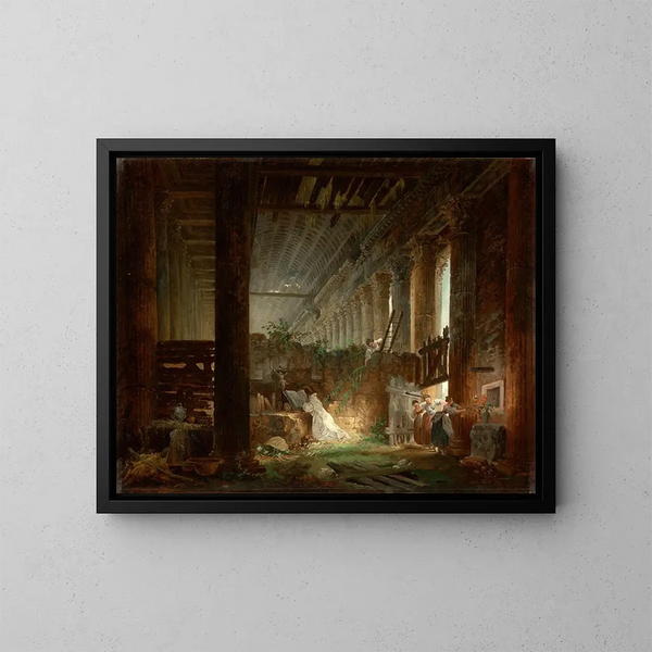 Ein Einsiedler betet in den Ruinen eines römischen Tempels - Hubert Robert — gerahmtes Bild an der Wand