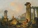 Ein Landschaft mit Hirten und Hütten unter antiken Ruinen mit der Statue von Castor und Pollux und dem Pantheon in der Ferne - Hubert Robert — Ansicht des Kunstwerks