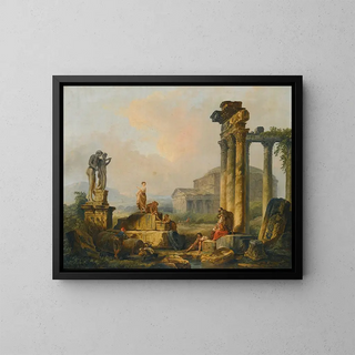 Hubert Robert - A Landscape With Shepherds And Shepherdesses Among Ancient Ruins With The Statue Of Castor And Pollux And The Pantheon Beyond.webp
