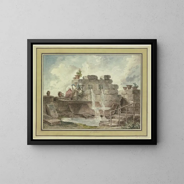 Eine römische Fontaine mit einer Frau, die Wasser sammelt - Hubert Robert — gerahmtes Bild an der Wand