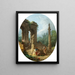 Ein Laune eines klassischen Bogens und einer Säule mit sich unterhaltenden Figuren vor einer Statue - Hubert Robert — gerahmtes Bild an der Wand