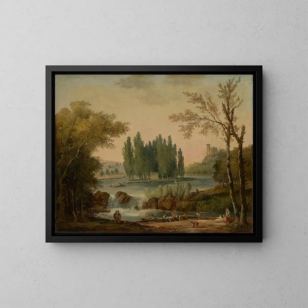 Ansicht des Parks von Ermenonville mit dem Grab von Jean-Jacques Rousseau und dem Tempel der Philosophie - Hubert Robert — gerahmtes Bild an der Wand