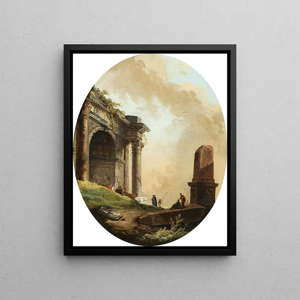 Der Hirten und ihres Viehs vor einer Arche und einem Ruinenobelisk - Hubert Robert — gerahmtes Bild an der Wand