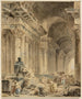 Galerie mit gewölbten Säulensäulen und sitzender antiker Statue - Hubert Robert — Ansicht des Kunstwerks