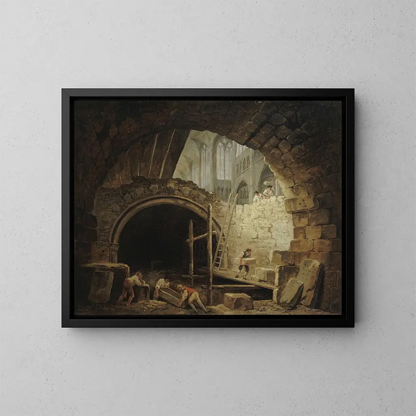 Das Verstoß gegen die Königsgräber in der Basilika Saint-Denis im Oktober 1793 - Hubert Robert — gerahmtes Bild an der Wand
