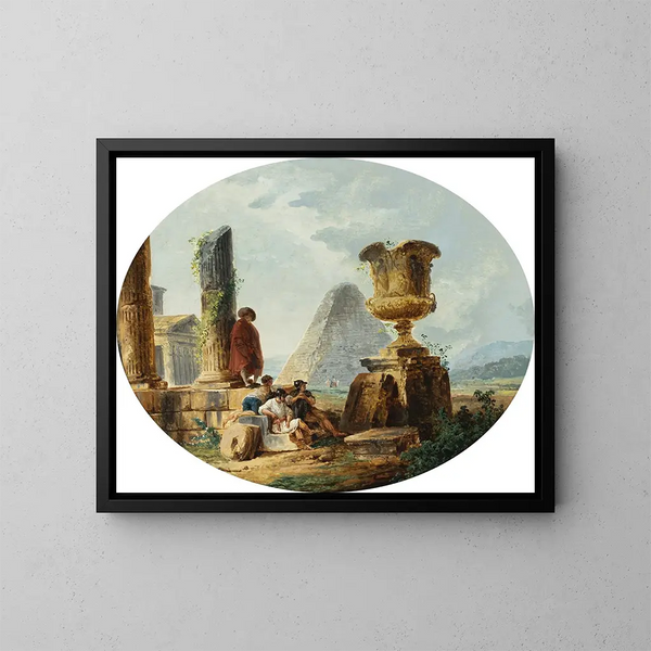 Landschaft mit Soldaten und einer Pyramide - Hubert Robert — gerahmtes Bild an der Wand