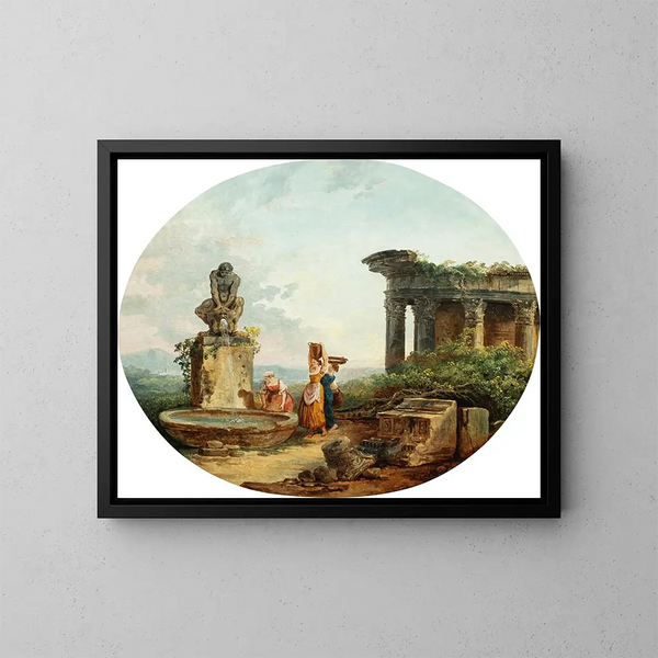 Landschaft mit Waschfrauen an einem Brunnen - Hubert Robert — gerahmtes Bild an der Wand