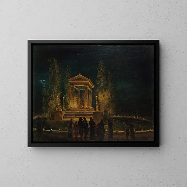 Das provisorische Mausoleum von Jean-Jacques Rousseau auf dem Tuileries-Teich vor der Übersiedlung seiner Asche in den Panthéon, Nacht vom 10. auf den 11. Oktober 1794 - Hubert Robert — gerahmtes Bild an der Wand